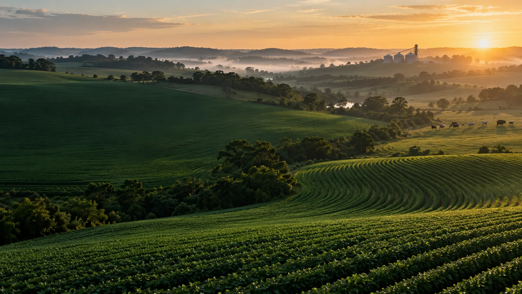 Paisagem rural com lavouras, gado e silos ao amanhecer